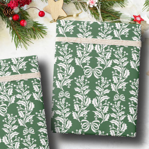 Papier Cadeau Noël Rétro Vintage Vert Blanc Baies de Houx