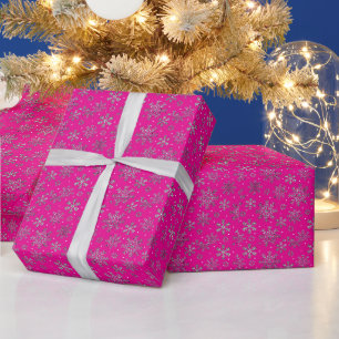 Papier Cadeau Noël rose élégant avec des flocons de neige élégan