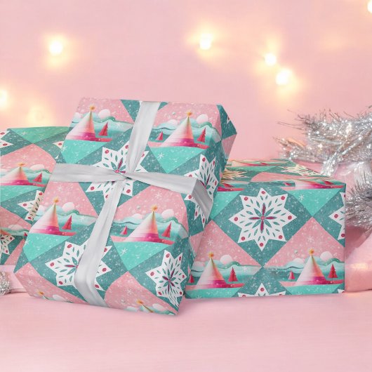 Papier Cadeau Noël rose et aqua