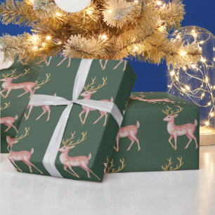 Papier Cadeau Noël rose floral renne bois vintage