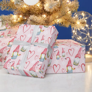 Papier Cadeau Noël rose gnome mignon amoureux