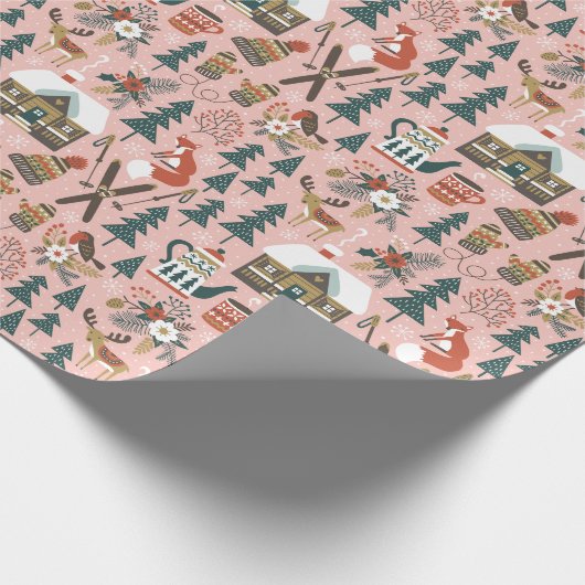Papier Cadeau Noël rose mignon Animaux en bois (Coin)