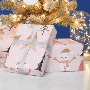 Papier Cadeau Noël rose mignon Arbre de Noël Snowman Reindeer