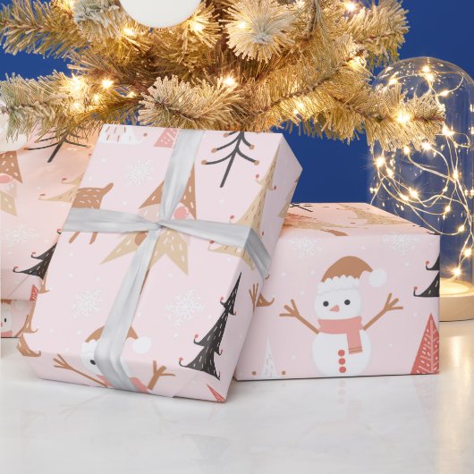Papier Cadeau Noël rose mignon Arbre de Noël Snowman Reindeer (Vacances)