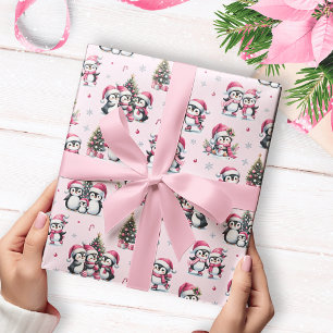 Papier Cadeau Noël rose Motif des pingouins mignons