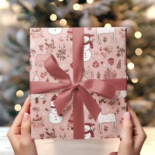 Papier Cadeau Noël Rose Pâle   Renne & Bonhomme de Neige