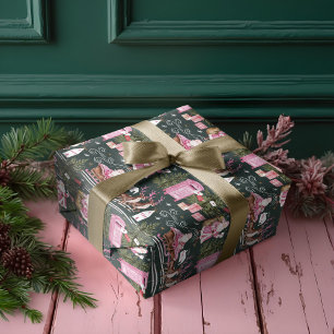 Papier Cadeau Noël rose Père Noël Reindeer North Pôle Village