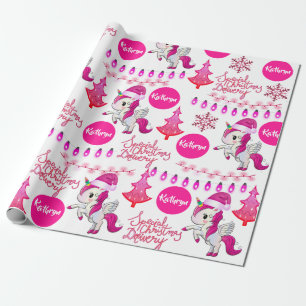 Papier Cadeau Noël rose personnalisé de licornes