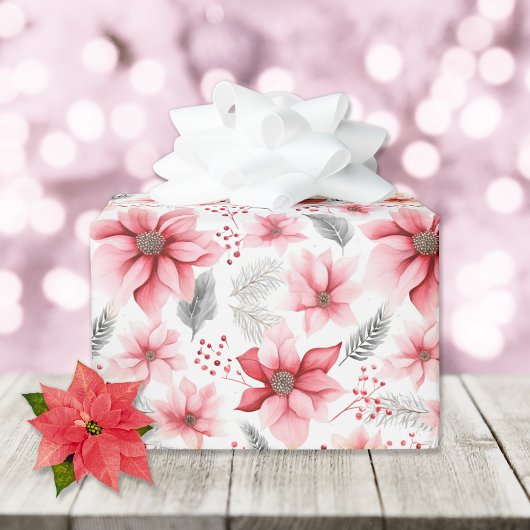 Papier Cadeau Noël rose Poinsettia