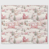 Papier Cadeau Noël rose vintage Village de neige (Plat)