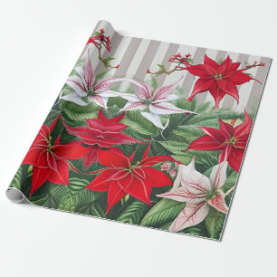 Papier Cadeau Noël Rouge Amaryllis et Poinsettias