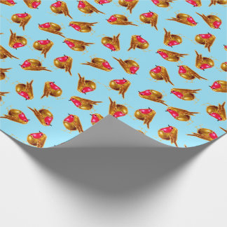 Papier Cadeau Noël rouge de merles multi sur le bleu