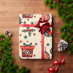 Papier Cadeau Noël Rouge et Crème Nordique