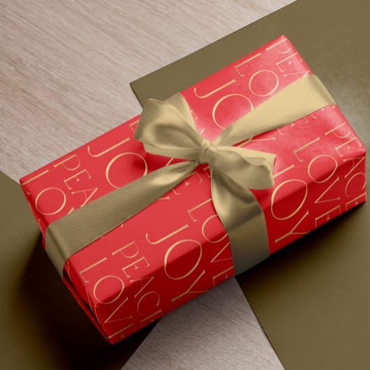 Papier Cadeau Noël rouge or typographie Paix Amour Joie