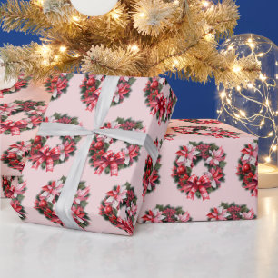 Papier Cadeau Noël Rouge Poinsettia et Berries Wreath rose