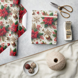 Papier Cadeau Noel Rouge Poinsettia Or Flocon de neige brillant