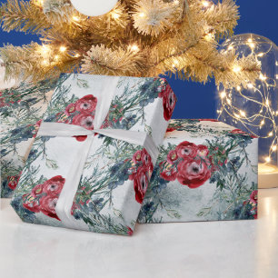 Papier Cadeau Noël Rouge Roses Bleu Épinette Vacances d'hiver
