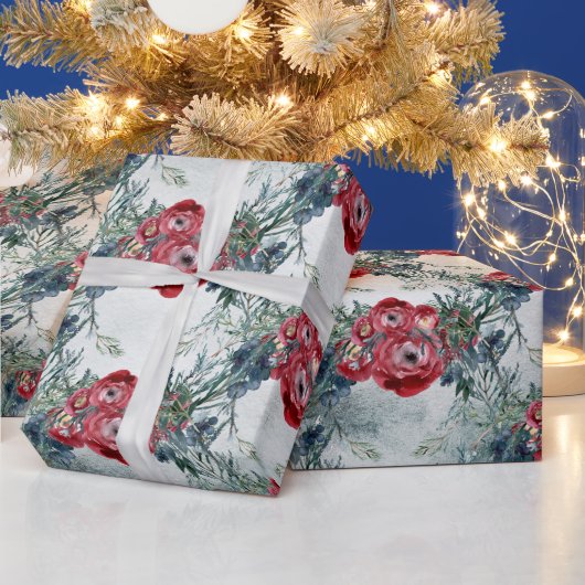 Papier Cadeau Noël Rouge Roses Bleu Épinette Vacances d'hiver (Vacances)