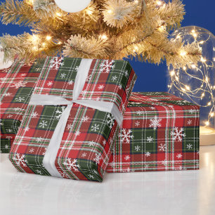 Papier Cadeau Noël Rouge Vert Carreaux avec Flocons de Neige Bla