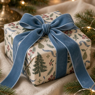 Papier Cadeau Noël Ruban Bleu Arbre à Poires Perdreaux Vintage 