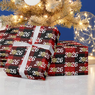 Papier Cadeau Noël Ruban Doré sur Carreaux 2026