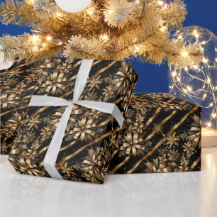 Papier Cadeau Noël Ruban Noir et Or Marbré Opulent