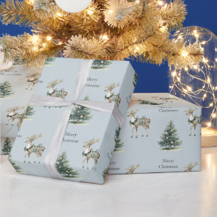 Papier Cadeau Noël Russe Bleu Gris Vert Cerf Arbre