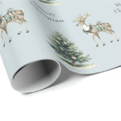 Papier Cadeau Noël Russe Bleu Gris Vert Cerf Arbre (Coin rond)