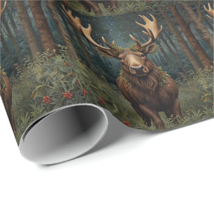 Papier Cadeau Noël rustique élan cerf boho forêt boisée 