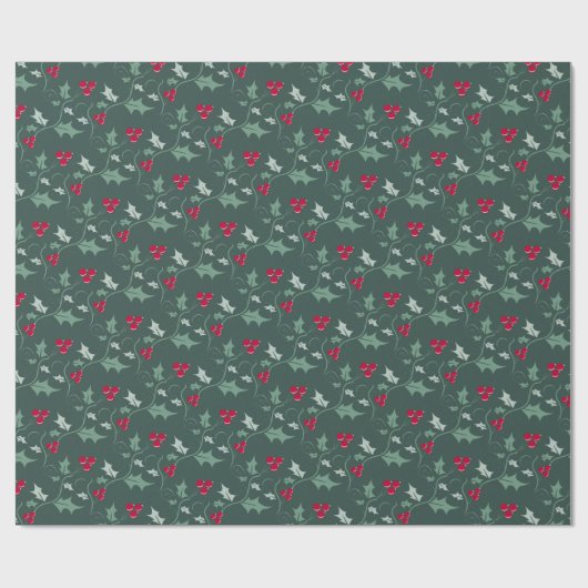 Papier Cadeau Noël sainte et baies rouges gris vert (Plat)
