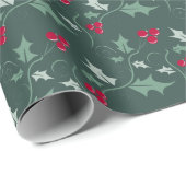 Papier Cadeau Noël sainte et baies rouges gris vert (Coin rond)