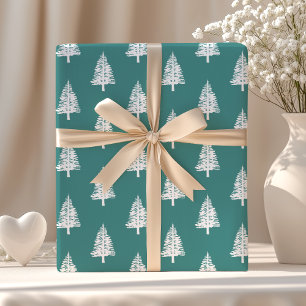 Papier Cadeau Noël Sapin Blanc et Bleu Turquoise