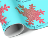 Papier Cadeau Noël Snowflakes Blue Rose Rose Parties scintillant (Coin rond)