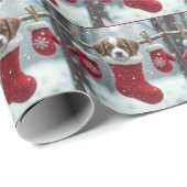 Papier Cadeau Noël St. Bernard Puppy dans une réserve rouge (Coin rond)