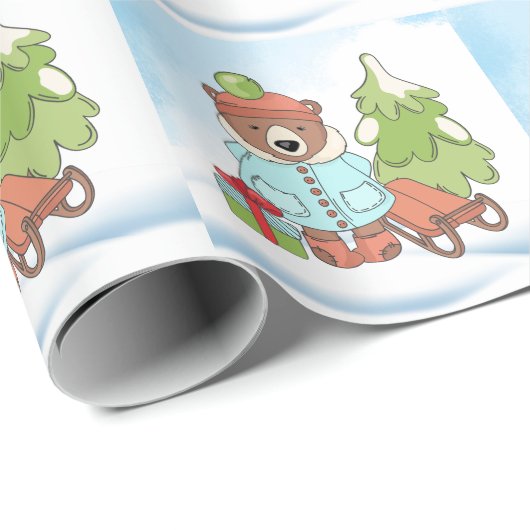 Papier Cadeau Noël Teddy Bear Couple avec cadeau (Coin rond)