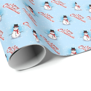 Papier Cadeau Noël traditionnel de bonhomme de neige sur BLEU CL