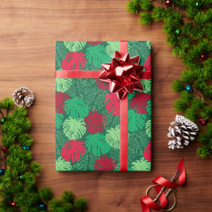 Papier Cadeau Noël tropical Rouge Vert Palm Feuille