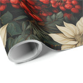 Papier Cadeau Noël/Vacances Poinsettias Berries rouges Verdure (Coin rond)