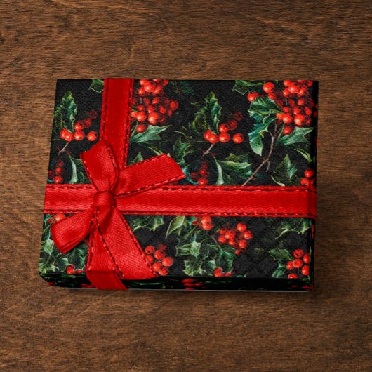 Papier Cadeau Noël/Vacances Vibrant Berries rouges & Feuilles