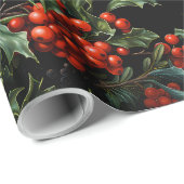 Papier Cadeau Noël/Vacances Vibrant Berries rouges & Feuilles (Coin rond)