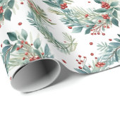 Papier Cadeau Noël Verdure et baies Noël moderne (Coin rond)