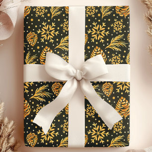 Papier Cadeau Noël Vert Cône de Pin Rustique Or