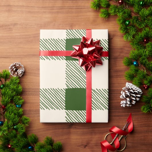 Papier Cadeau Noël Vert & Ecru Large Plaid Vacances Simple (Cadeau de vacances)