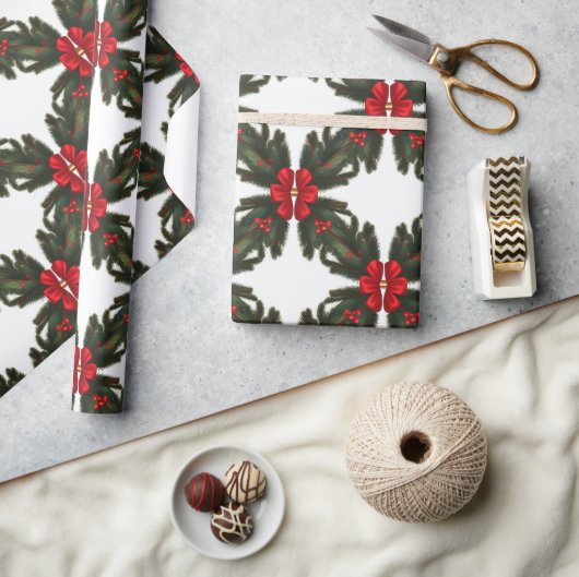 Papier Cadeau Noël Vert Garland Red Rows Gold Accent (Artisanat)