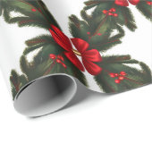 Papier Cadeau Noël Vert Garland Red Rows Gold Accent (Coin rond)