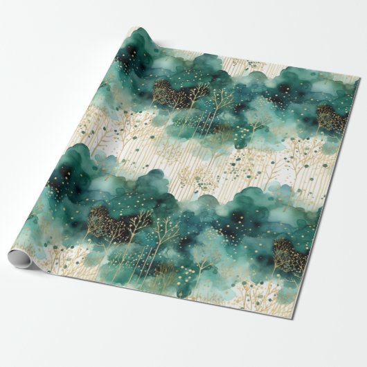Papier Cadeau Noël Vert Or Blanc Arbres (Déroulé)