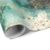 Papier Cadeau Noël Vert Or Blanc Arbres (Coin rond)