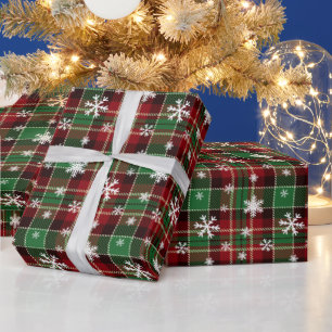 Papier Cadeau Noël vert, rouge avec des flocons blancs