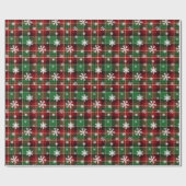 Papier Cadeau Noël vert, rouge avec des flocons blancs (Plat)