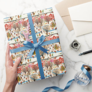 Papier Cadeau Noël Village de Noël Snow Retro vintmas